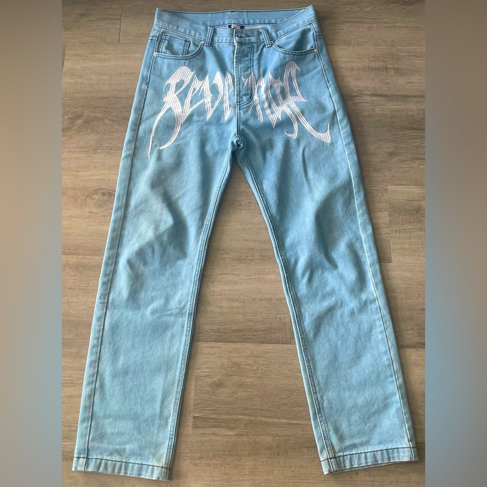 Revenge UA straight slim Y2K embroidered script hype rare jeans - SIZE M